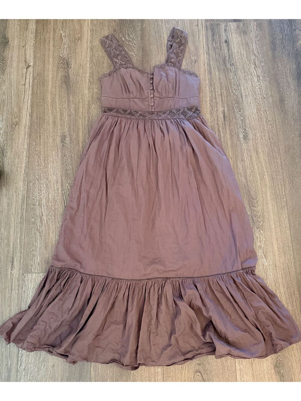 American Eagle Brown Cotton Crochet Lace Maxi Dress Boho Peasant Tiered Sundress